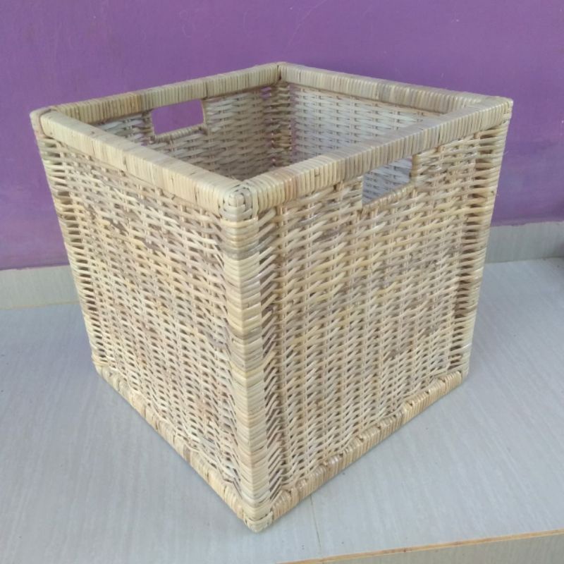 Keranjang rotan persegi kotak laci kayu penyimpanan laundry barang mainan 32x32x32 cm