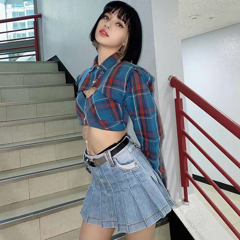 #Sisjuly # Retro plaid print Lisa lagu setelan leher tinggi lengan panjang T-shirt suspender wanita