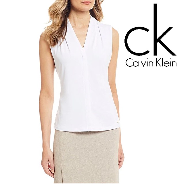 Calvin Klein Blouse Wanita Formal V-Neck Matte Jersey Shoulder Pleat Sleeveless Top