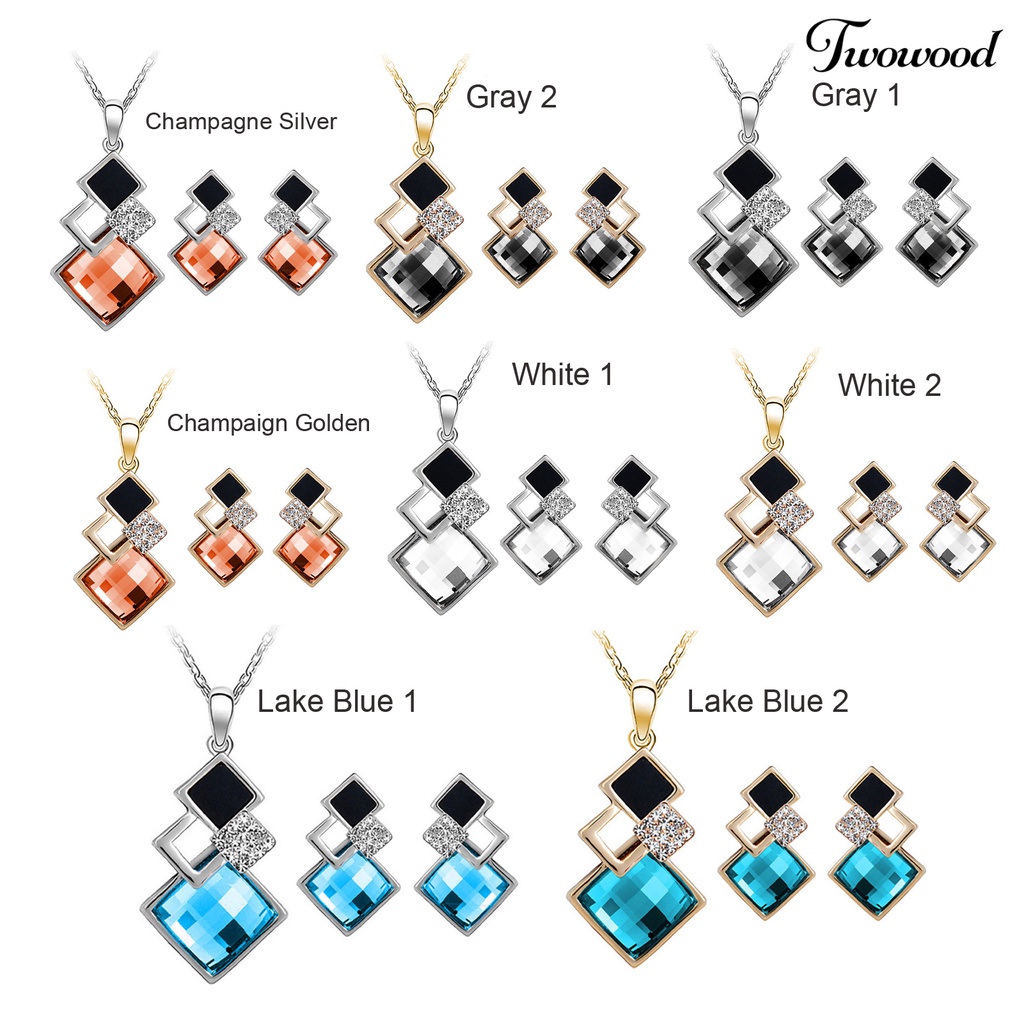 Twowood 2Pcs/Set Geometric Pendant Necklace Earrings Set Faux Crystal Alloy Shiny Bridal Stud Earrings Necklace Set Jewelry Accessory