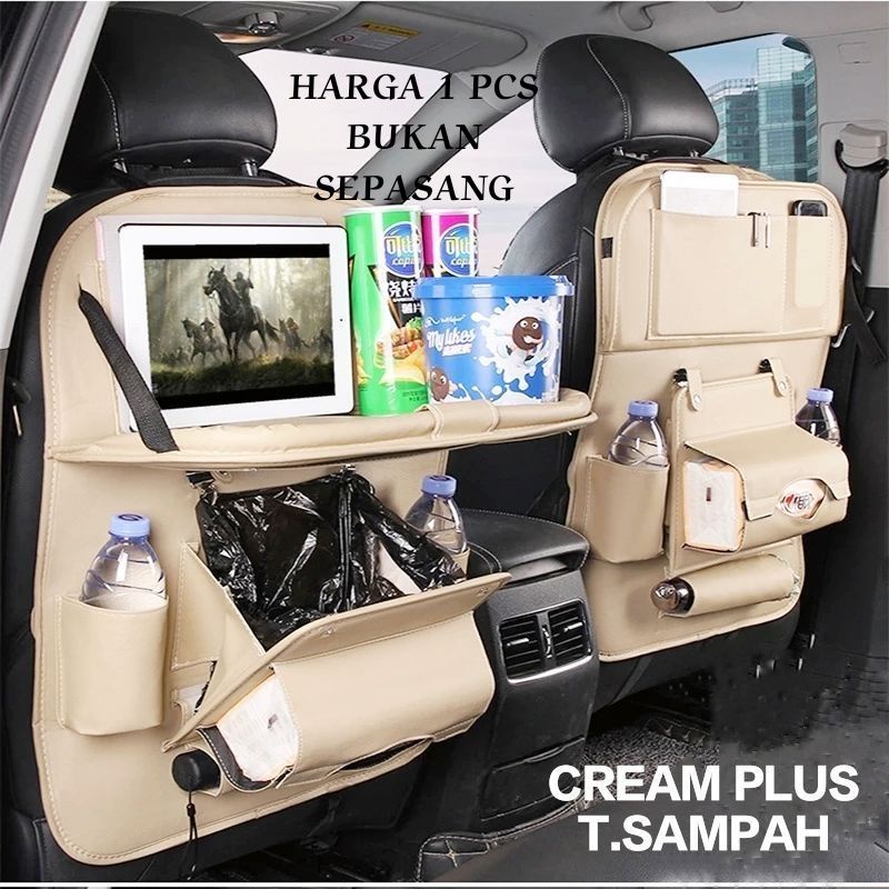 Car Seat Organizer Plus Meja Lipat Tas Multi Fungsi Belakang Jok KULIT Premium