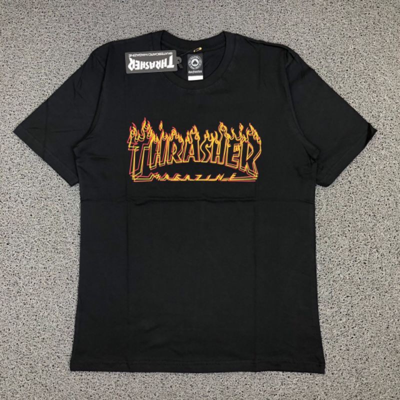TSHIRT KAOS BAJU THRASHER FLAME OUTLINE BLACK LIKE ORI