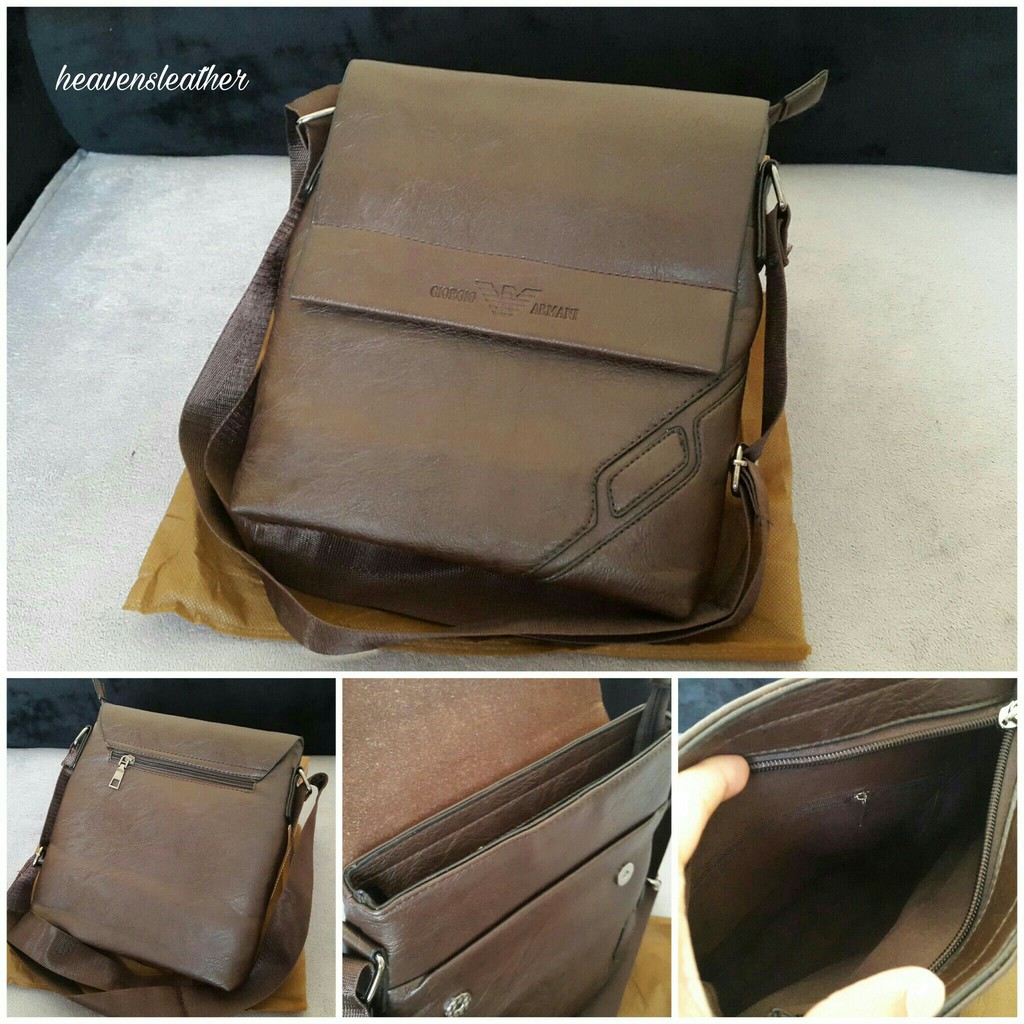 TAS SELEMPANG KULIT PRIA IMPORT GIORGIO ARMANI COKLAT TUA KODE 6115