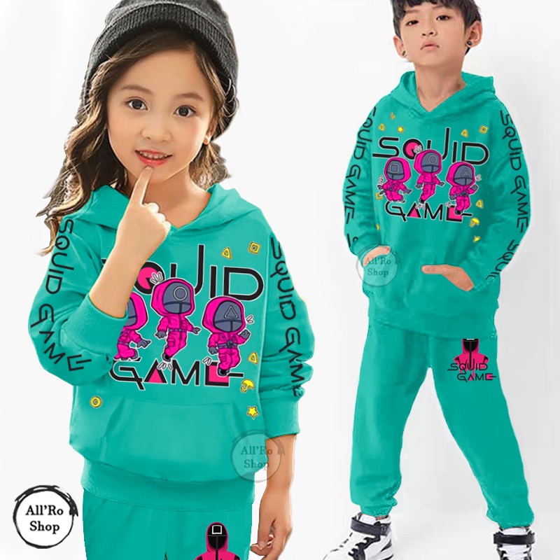 COD Baju Setelan Hoodie Anak Remaja ABG UNISEX Olahraga Senam Lengan Panjang Motif Squid Game Karakter Chibi Kukuma Usia 1 sampai 13 tahun ARS 64