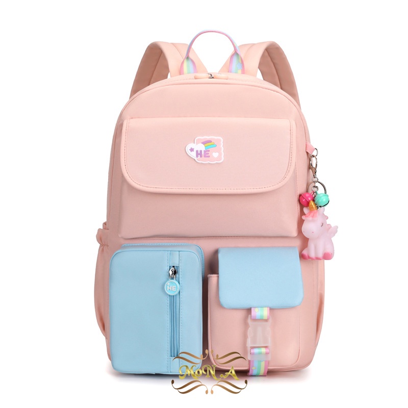 [MONA] TAS SEKOLAH RANSEL ANAK *FREE GANTUNGAN* SD/SMP/SMA CEWEK WARNA SOFT PASTEL CANTIK LUCU WATERPROOF (TAHAN AIR) M0180 - KUALITAS  IMPORT PREMIUM PINK