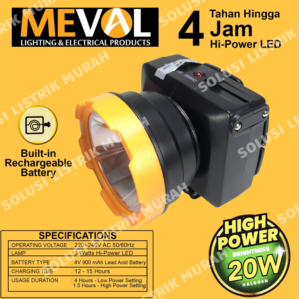 Meval Senter Kepala Sorot Jarak Jauh HeadLamp 20 Watt Head Lamp Jumbo