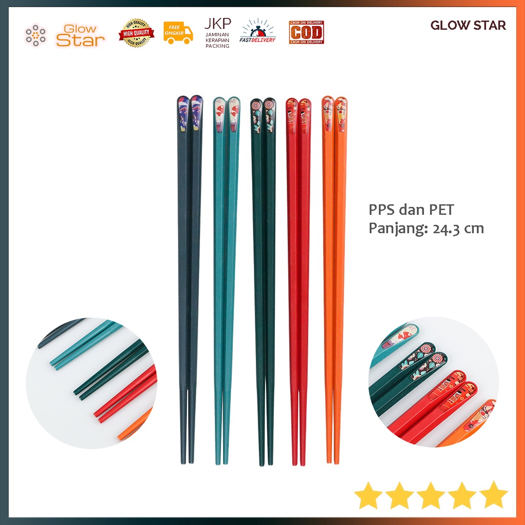 Alat Makan Sumpit Japanese Style Reusable Chopstick 5 Pasang Warna Warni Gaya Jepang