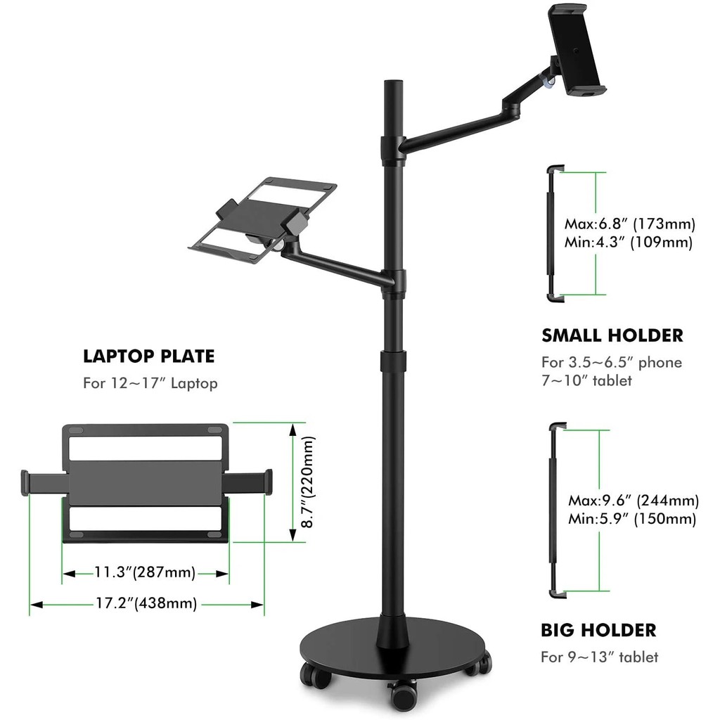 UP-9L - Dual Arm Alloy Floor Stand Laptop and Tablet - 360 Rotation