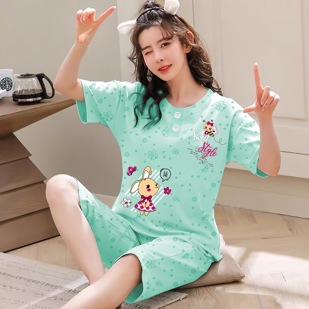 Lilipop.id  Baju Tidur Wanita 3/4 ALL SIZE STANDAR Style BEE Setelan Piyama BabyDoll Kaos Celana Pendek