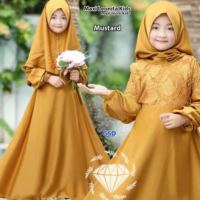 Maxi Leonita Mustard/Maxi Dress Muslim Anak/Dress Gamis Syari Hijab