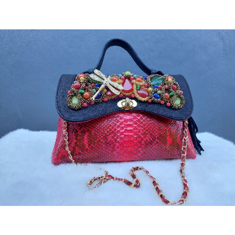 cluth kulit ular piton sz s warna merah / tas pesta kulit asli / tas pesta piton merah / klat pesta 