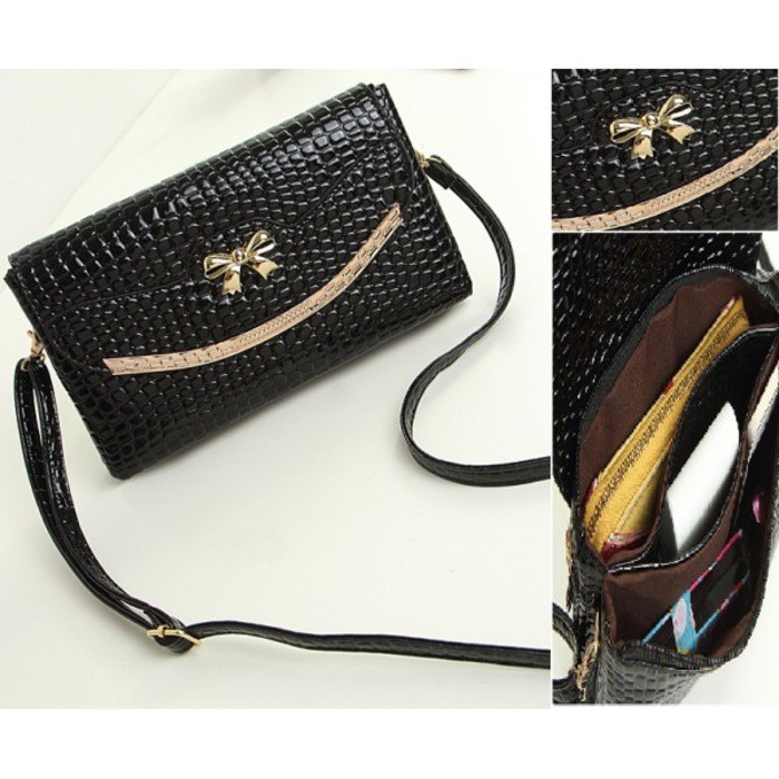 TAS SLEMPANG SELEMPANG WANITA HITAM KULIT TIMBUL PERSEGI PANJANG IMPOR