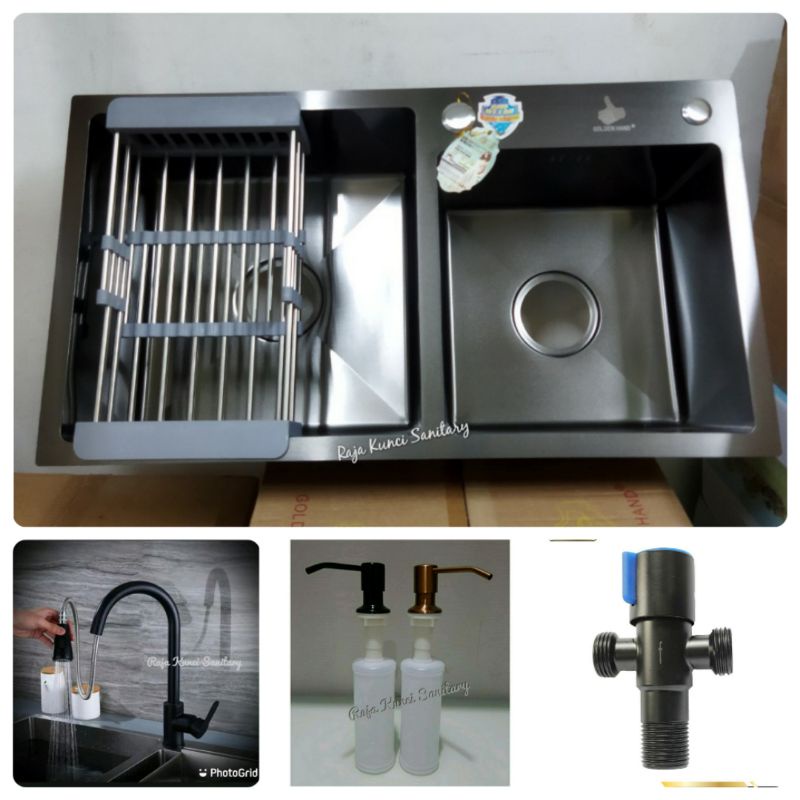 Paket Lengkap Kitchen Sink 7541 Hitam Black+Kran Mixer Tarik Hitam Black Panas Dingin SUS 304