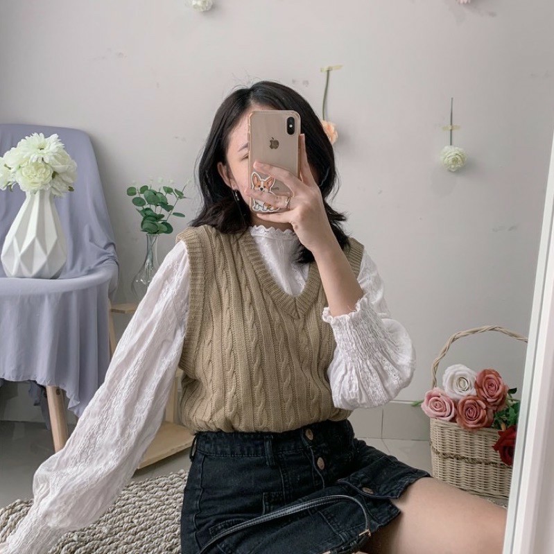 Outer Vest Rajut Kepang - Rompi Knit Sweater Korea Style Academia