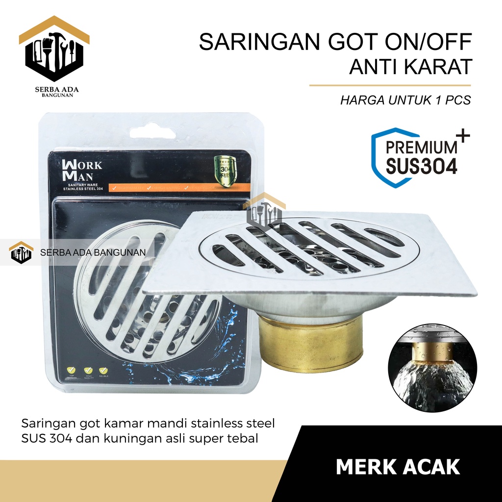 Floor Drain Sargot Kuningan Stainless - 4 Inch Model On Off ( OTOMATIS BUKA TUTUP) SARINGAN GOT ANTI BAUT KECOA