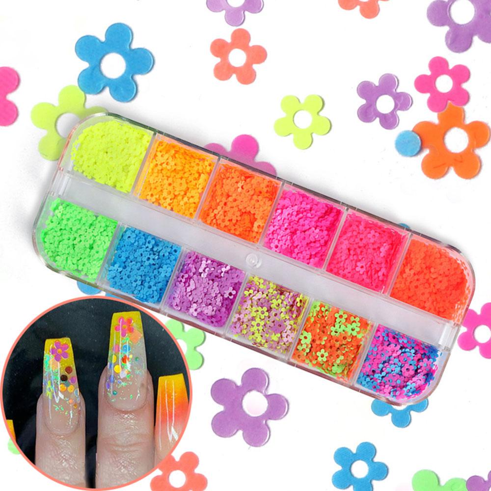 AUGUSTINA Agustina Neon Bunga Kuku Payet Gadis Kreatif Wanita Gel Polish DIY Nail Art Warna Campur Musim Semi Nail Art Irisan