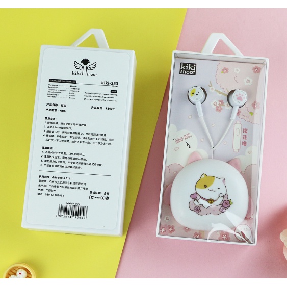 [KIKI-353] Set Headset Earphone SAKURA CAT / Wadah Earphone Kartun KUCING dengan Bunga SAKURA