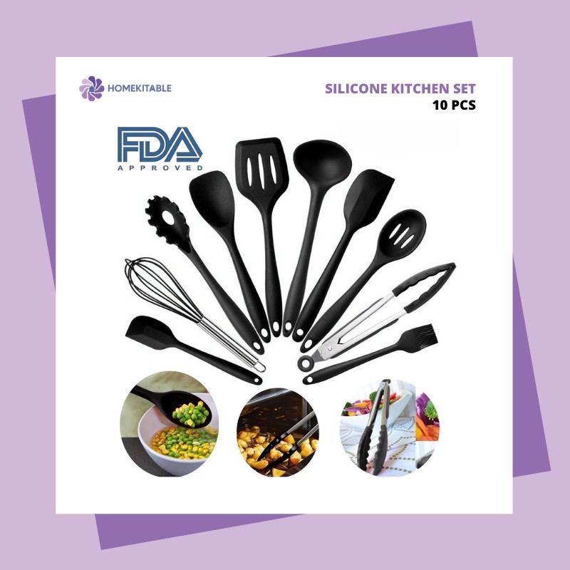 Homekitable Spatula Sutil 10 Pcs Silicone Stainless-Hitam