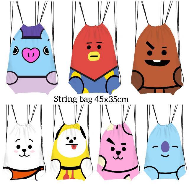 TAS SERUT STRING BAG KARAKTER BTS MANG COOKY SHOOKY RJ CHIMMY