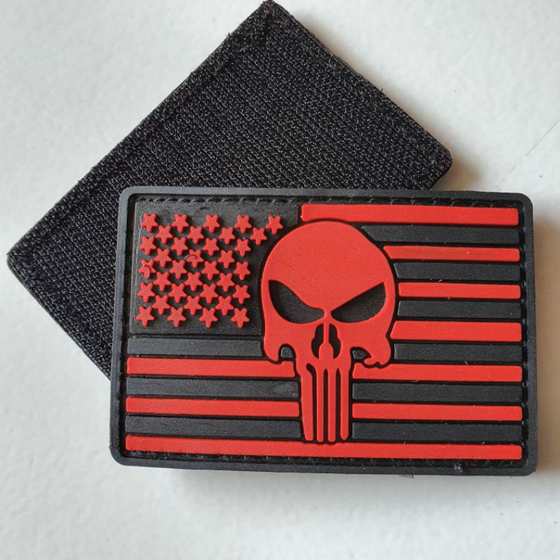 PATCH RUBBER LOGO SKULL FUNISHER BENDERA U.S.A MERAH/TEMPELAN EMBLEM KARET VELCRO TACTICAL