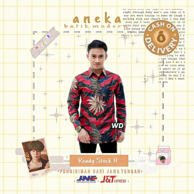 HEM KEMEJA ATASAN BATIK PRIA COWOK LENGAN PANJANG WARNA MERAH KOMBINASI HITAM NAVY