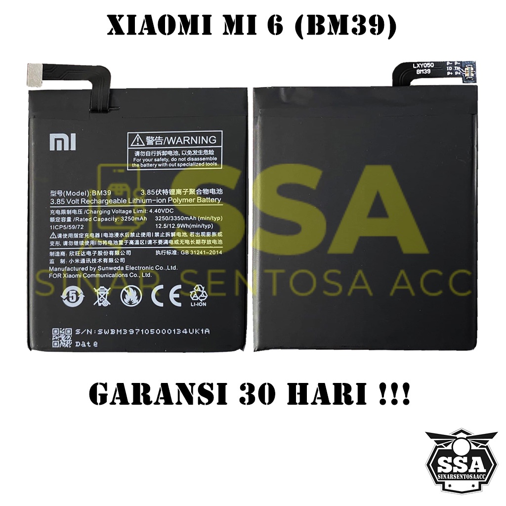 Baterai Xiaomi Mi 6 BM39 Mi6 Xiaomi6 Redmi BM 39 Original OEM Batu Batere Batre Battery Batrai Batrei ori hp Xiao Mi Garansi