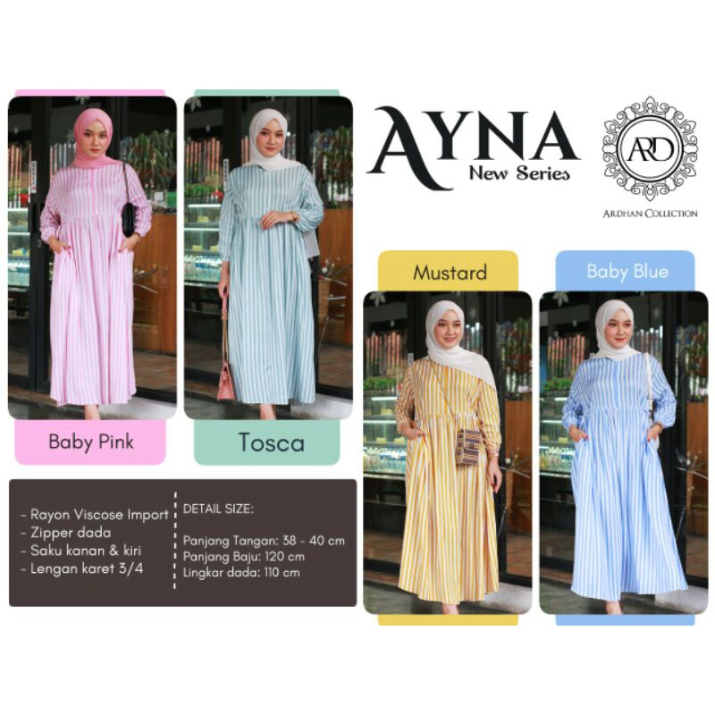 AYNA New Series Rayon Viscose Import - Casual Daily Dress Gamis Long Tunik Motif Garis Vertikal Busu