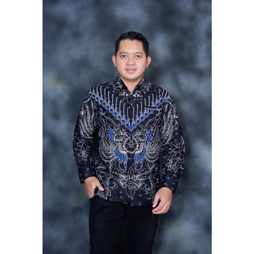 Baju Batik Pria Lengan Panjang Modern / Kemeja Batik Pria Lengan Panjang Modern Kasual Jumbo SIPAR BIRU 46