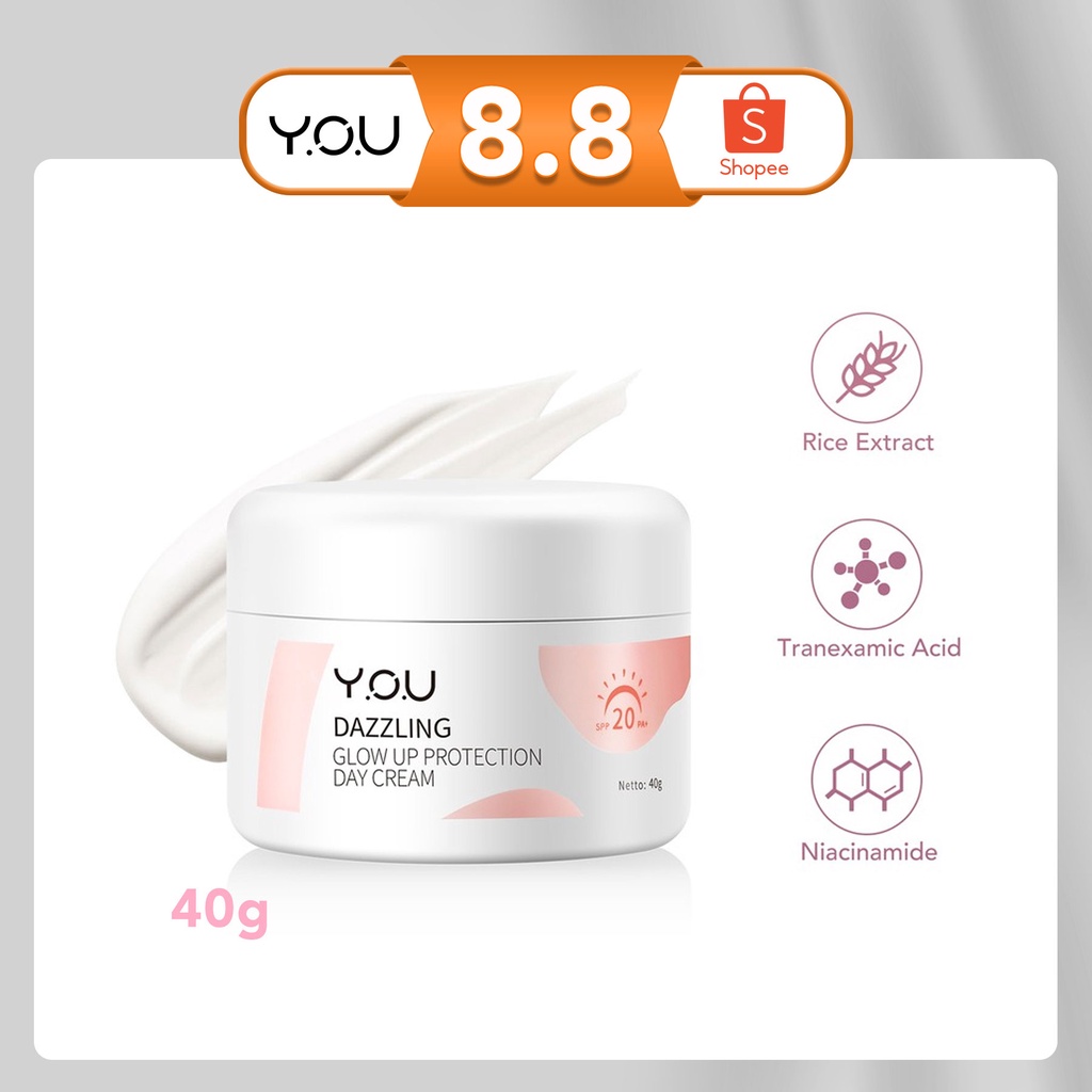 YOU Y.O.U Dazzling Glow Up Protection Day Cream 40 Gr | SPF 20 PA+ | Moisturizer Pelembab Krim Pagi Malam