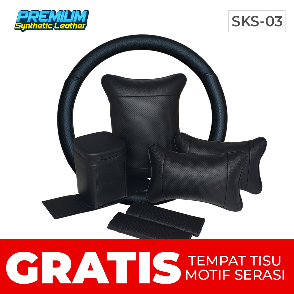 Set Bantal Mobil 5 in 1 plus Sarung Stir Mobil / Bantal Headrest Mobil - Hitam