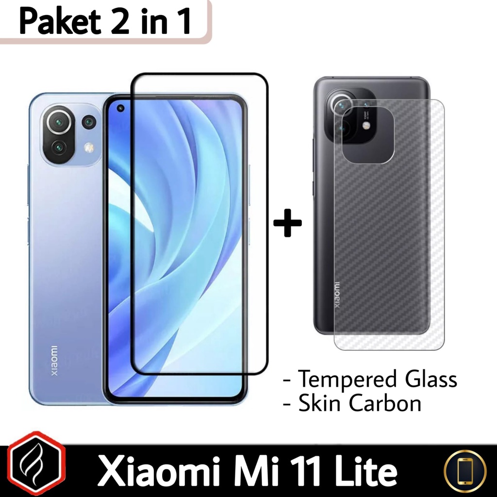 Paket 2 in 1 XIAOMI Mi 11 Lite / Mi 11 Lite Anti Gores Layar Full Cover Free Skin Carbon