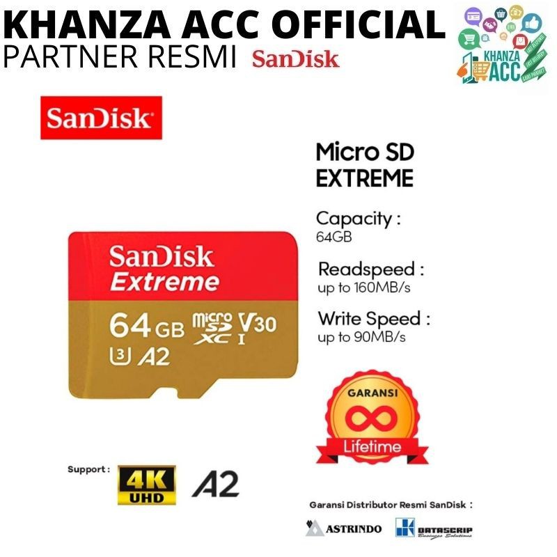 KHANZAACC SanDisk Extreme microSDXC Card UHS-I U3 A2 V30 64GB up to 160Mbps