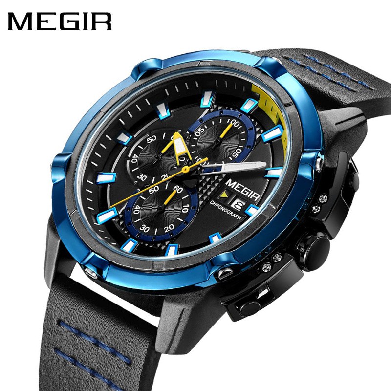 MEGIR 2062 Jam Tangan Pria Analog Chronograph Tanggal Aktif Tali Kulit WATCHKITE WKOS