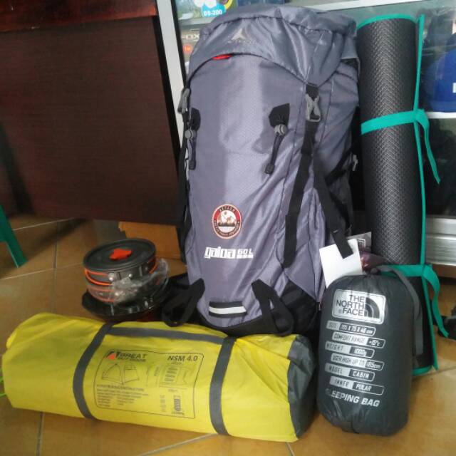 Paket lengkap tas carrier 60 tenda great outdoor nsm 4 double layer kompor nesting sb matras hammock