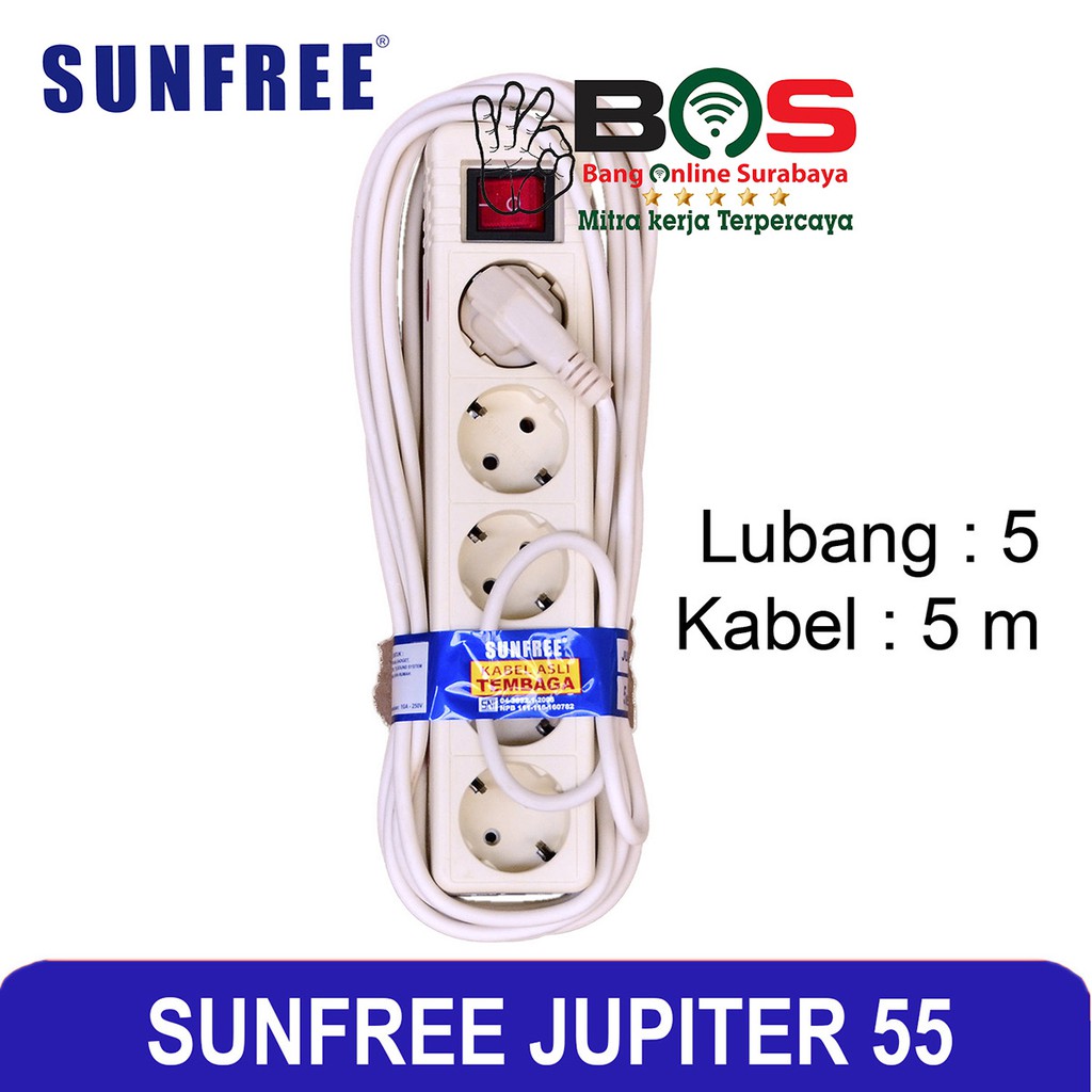 Stop Kontak Arde Saklar Kabel 5 Meter 5 Lubang SNI Sunfree Jupiter 55