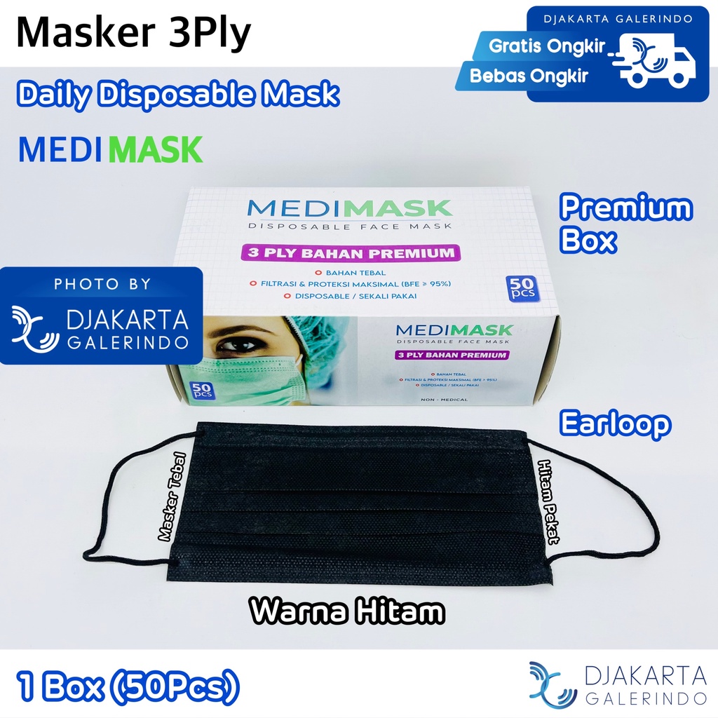 Masker Earloop Hitam Mouson 3Ply Black Premium Masker isi 50 Pcs