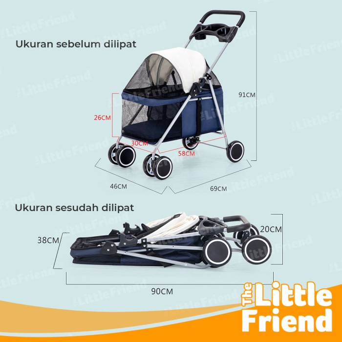 Stroller Hewan Anjing Kucing Outdoor Lipat Portable Ringan Roda 4 - 02