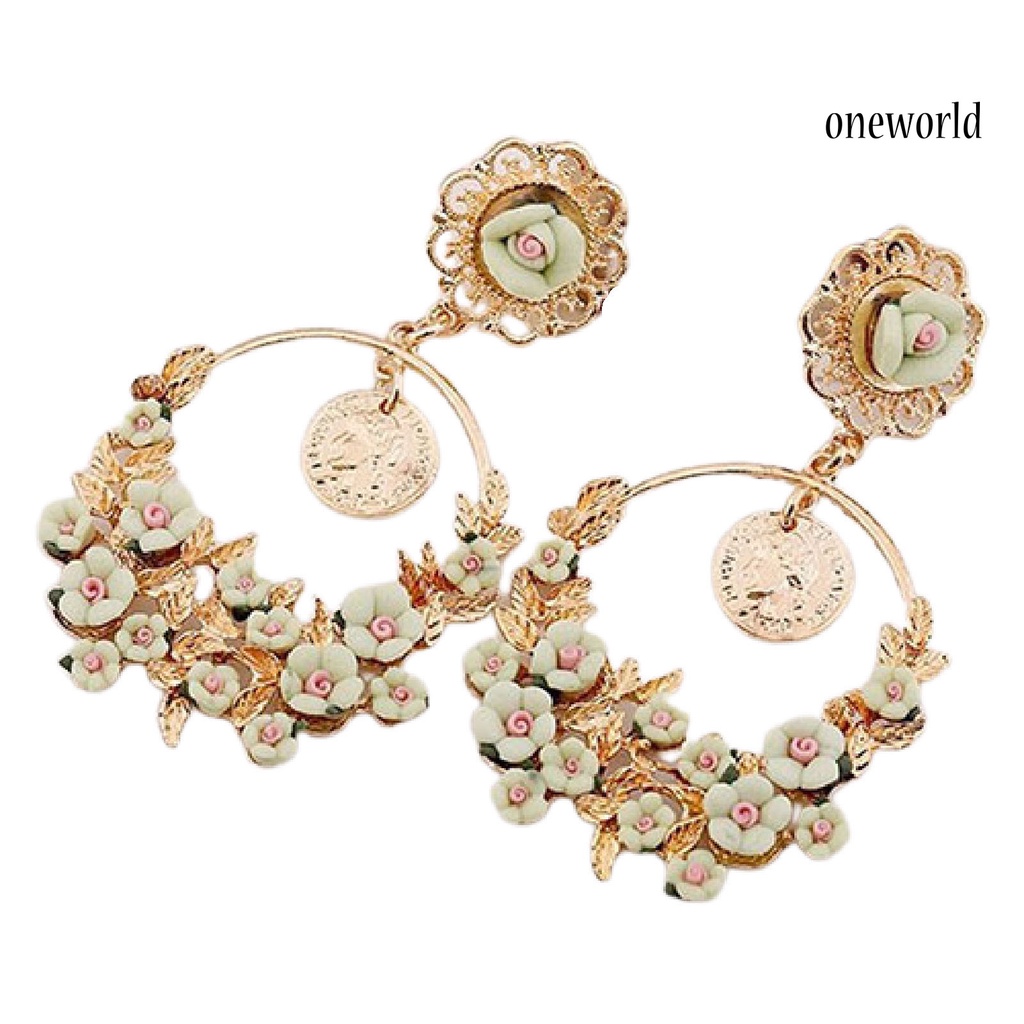 OW@ Ear Studs Circular Ring Not Rust Flowers Pattern Women’s Fashion Flower Dangle Ear Studs for Daily Life