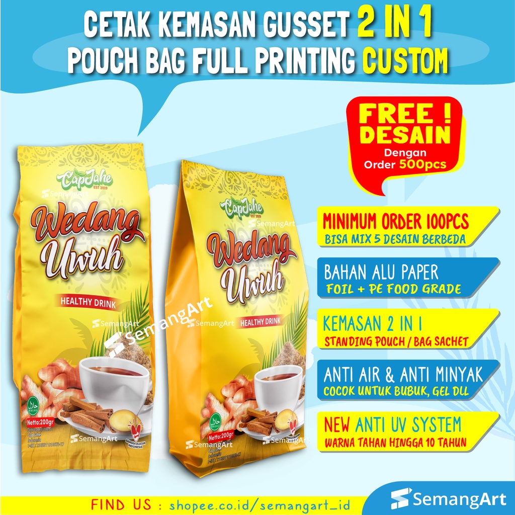 Cetak Kemasan Gusset Flat Bottom Bag Standing Pouch Bungkus Kopi Tepung Beras Kacang food grade Desa
