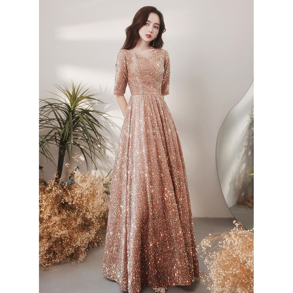 Gaun Pesta 2111017 Rose Gold Lengan Siku V Neck Party Dress Gown