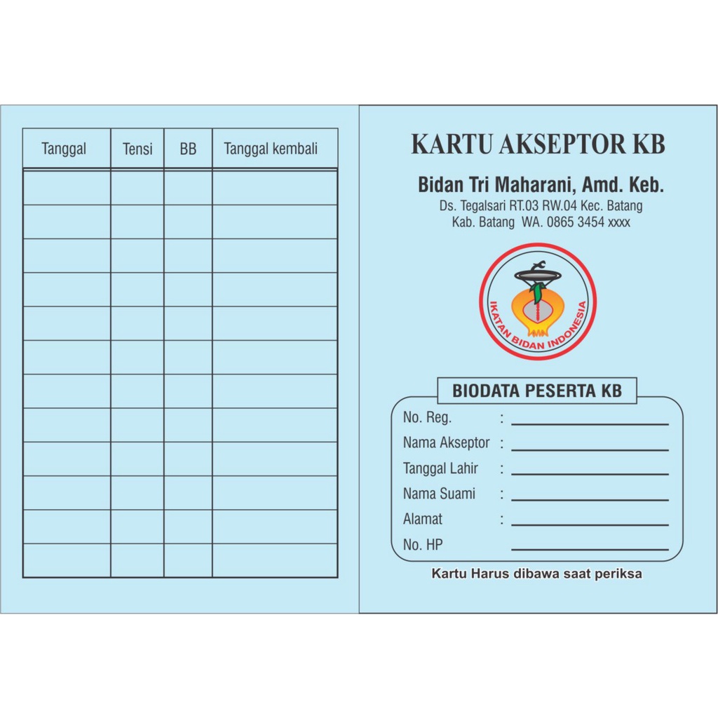 KARTU AKSEPTOR KB / Kartu Peserta KB / Kartu Kb / Buku KB / Buku Peserta KB / Kartu KB lipat (isi 100 lbr)