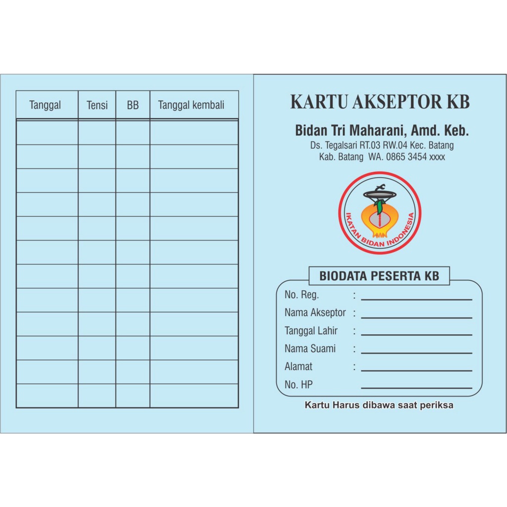 KARTU AKSEPTOR KB / Kartu Peserta KB / Kartu Kb / Buku KB / Buku Peserta KB / Kartu KB lipat (isi 100 lbr)