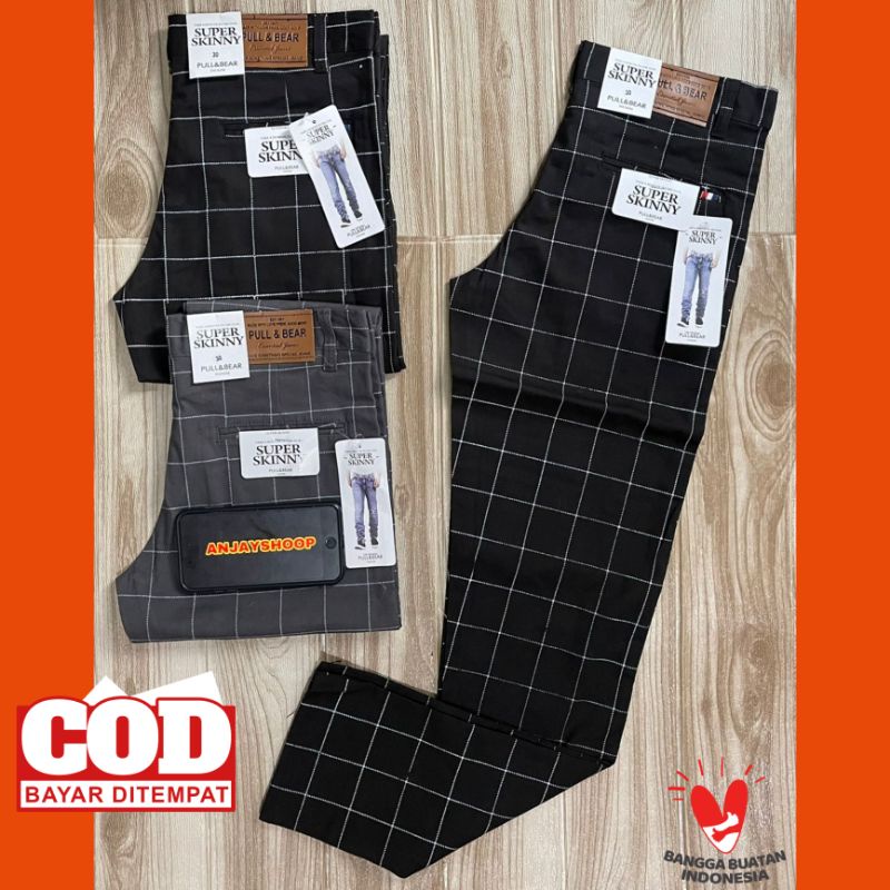 Celana Tartan Pria Panjang Katun Stretch Premium Pull & Bear
