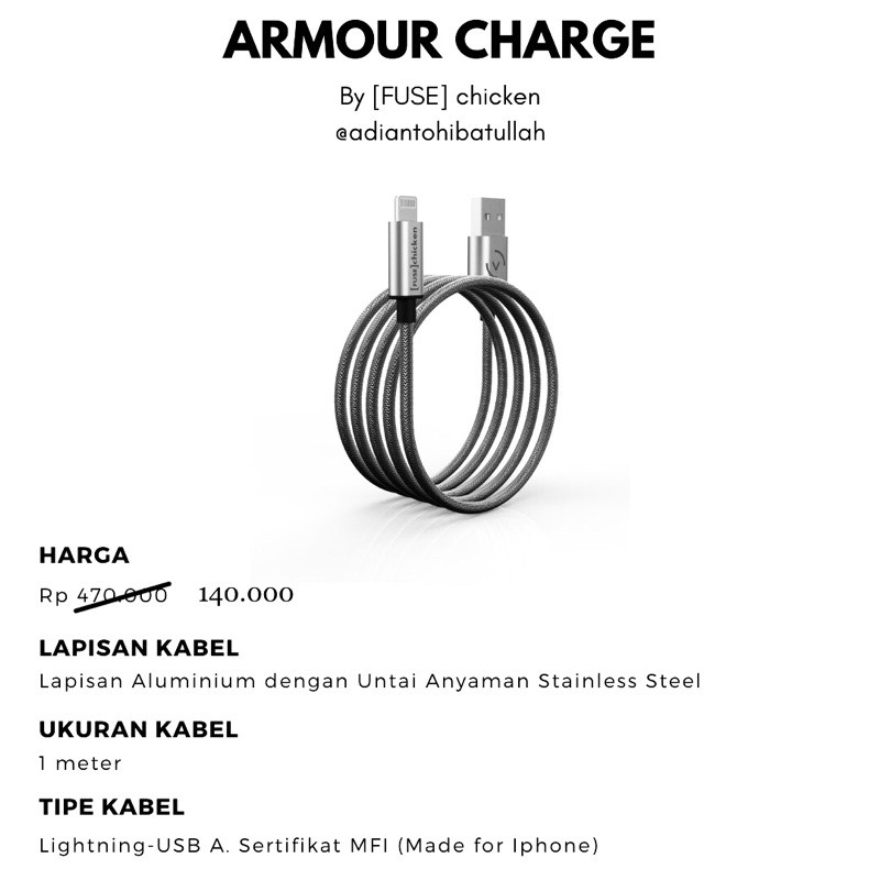 Kabel Lightning Terkuat Iphone Armour Charge By FUSE chicken