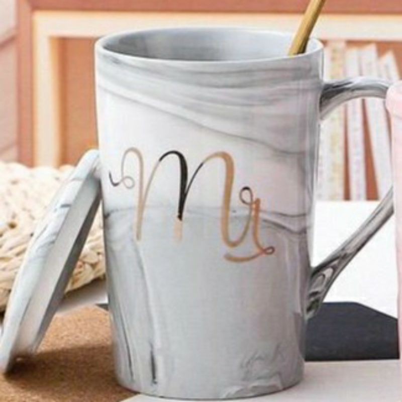 ( GARANSI PECAH )Ceramic Mug Cup Gelas Motif Marble mr dan mrs tebal lengkap dapat gelas+ tutupgelas