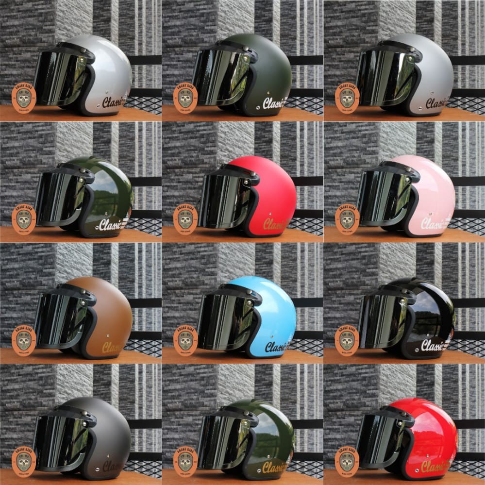 Helm Bogo garis classic kaca datar flat injak free packing bubble