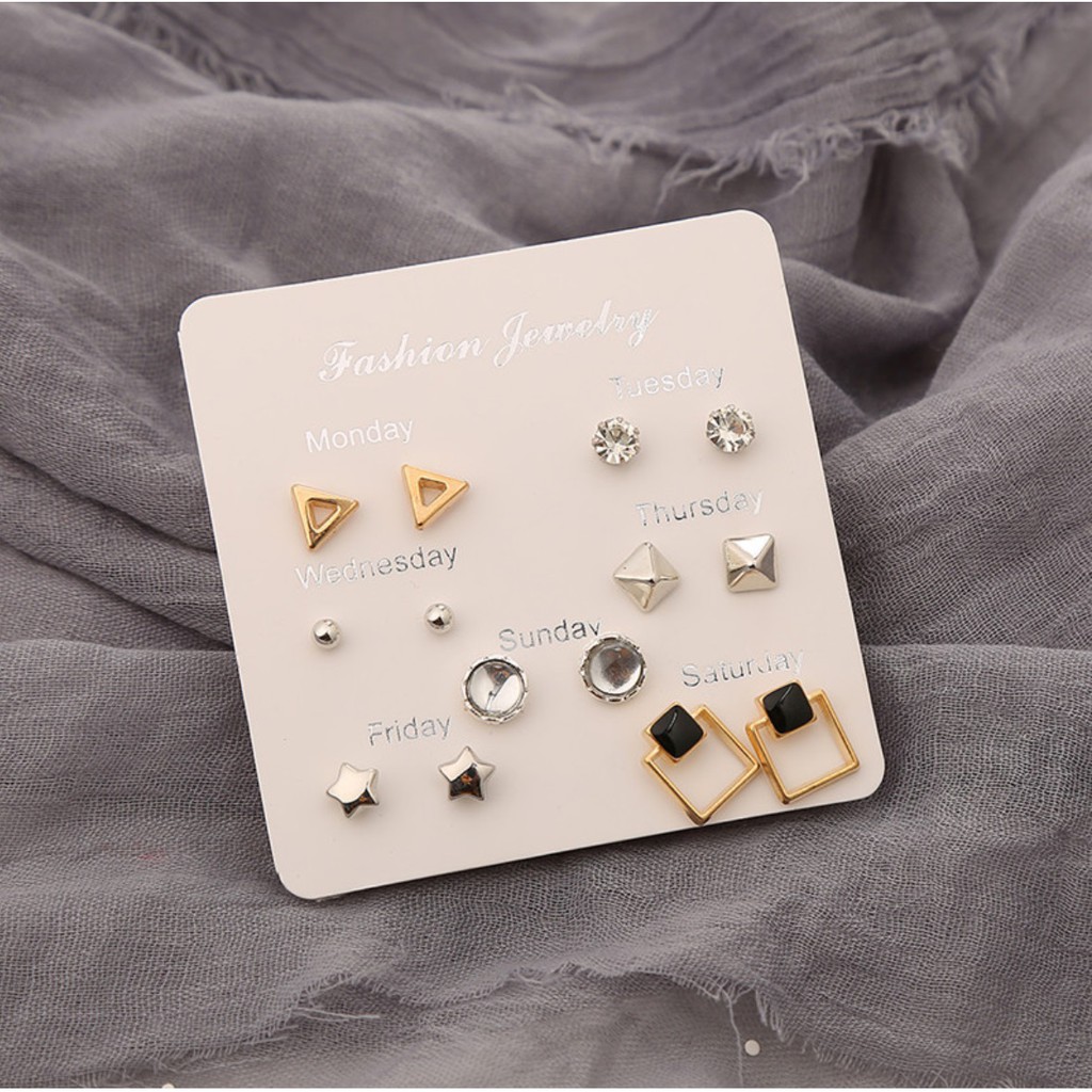 7 Pasang Anting Tindik Tusuk Set #1 1 Satu Minggu Week Ins Korea Fashion Plug Earrings Korean Style