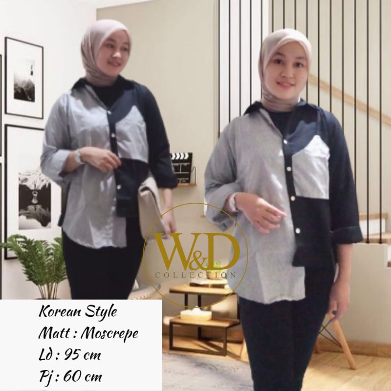 Kemeja Wanita Atasan Blouse Casual Polos Kombinasi Warna Lengan Panjang Model Pinguin Bahan Moscrepe