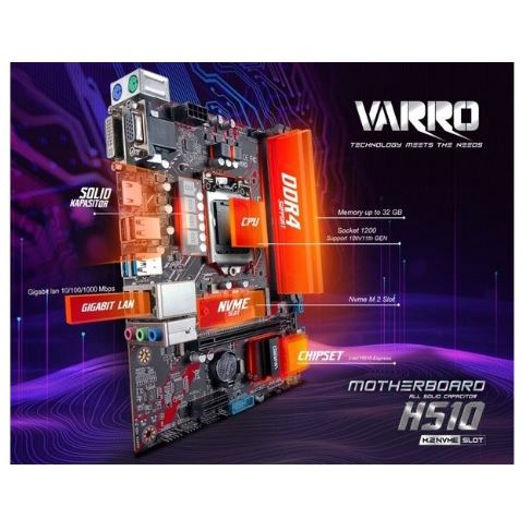 Motherboard Varro H510 intel lga 1200 gen 11 10 ddr4 m2 nvme usb gigabit lan sata 3.0 hdmi dvi vga ps2 micro Atx - Mainboard