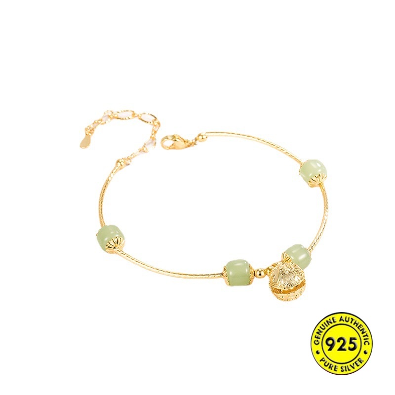 Gelang Tangan Rantai Emas 18K Adjustable Aksen Batu Giok Bulat Untuk Wanita